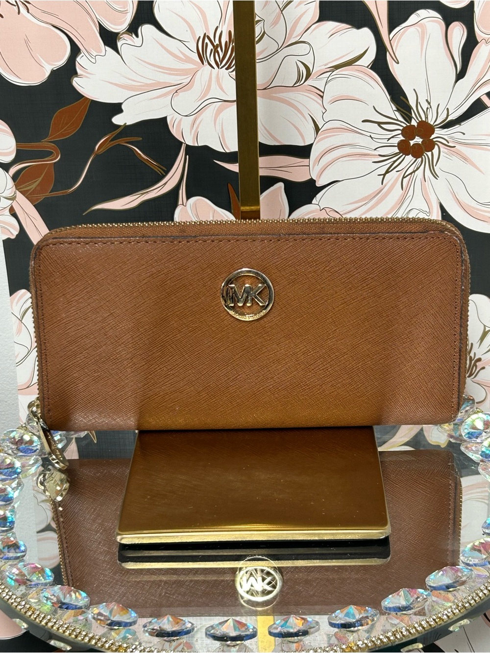 Michael Kors Cognac Saffiano Zip Around Wallet w/Gold MK Logo Approx. 8.5 x 4.5